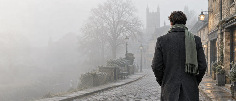 Man in a charcoal overcoat and scarf walking along a misty cobbled English street