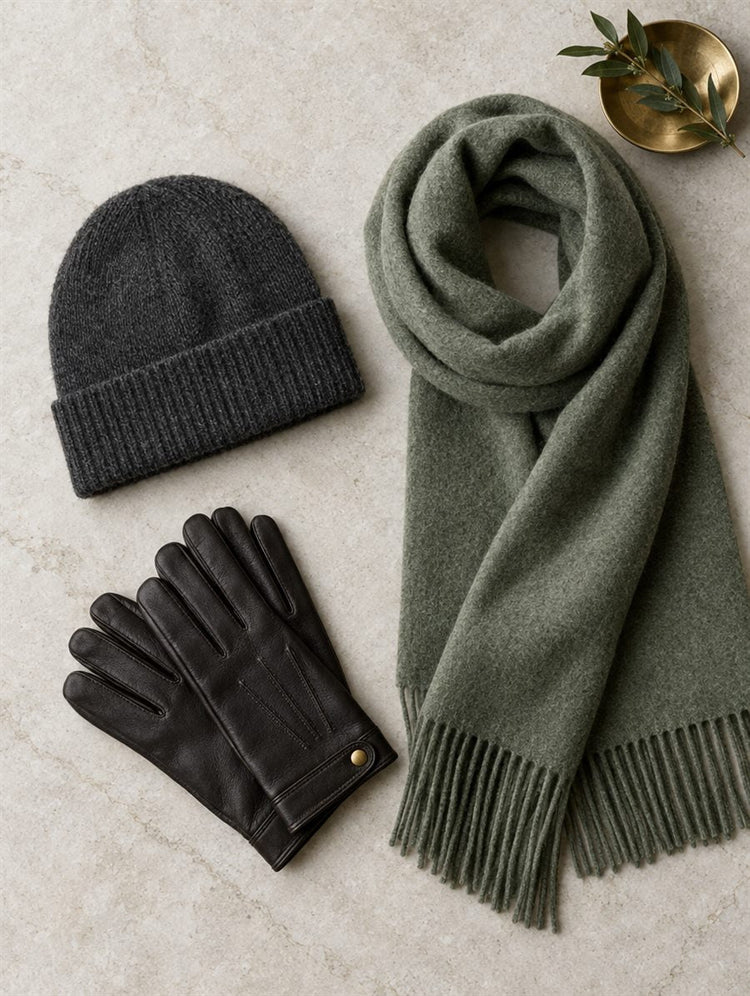 Beanie, scarf and leather gloves flat lay