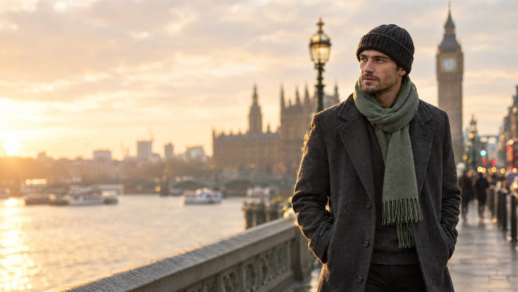 Man in a charcoal overcoat, beanie and scarf walking on a London street