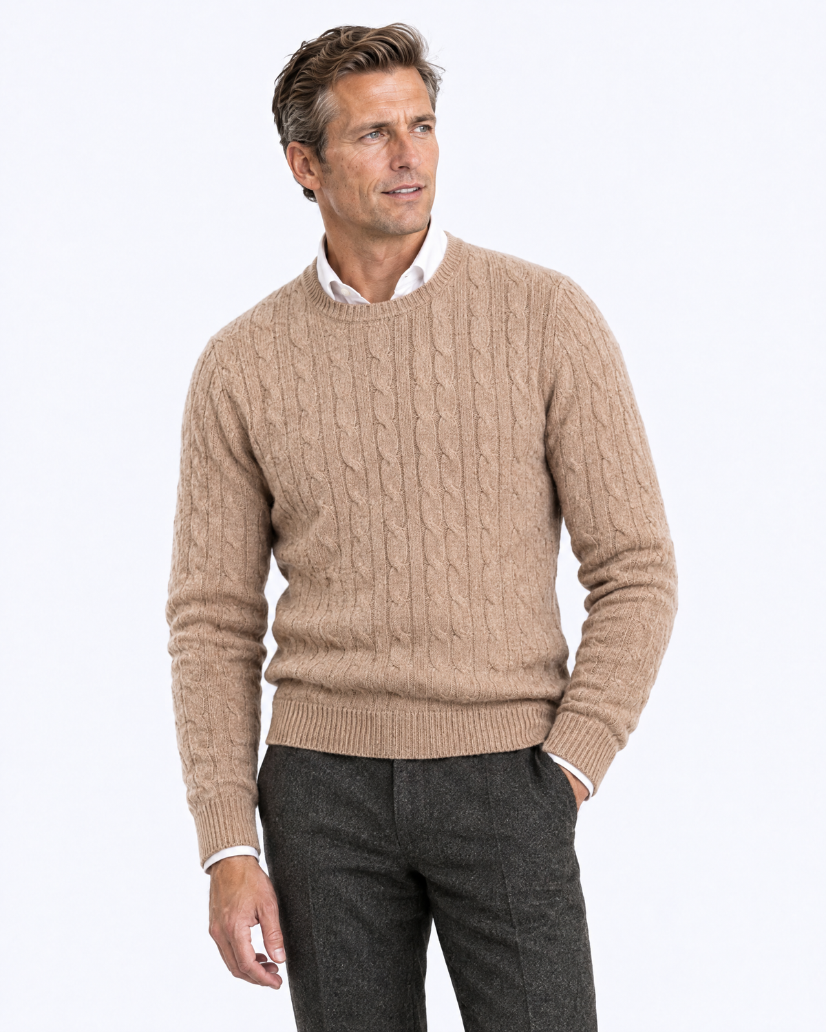 Men's Cable-Knit Crew Neck Jumper in camel, view 6