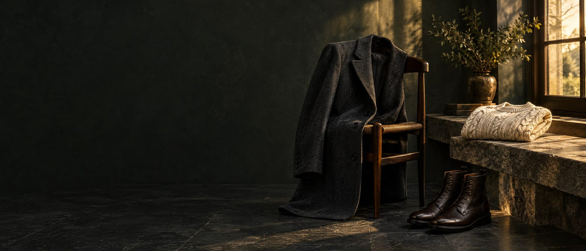 Charcoal wool overcoat on a chair, cream knit sweater and leather boots in warm window light