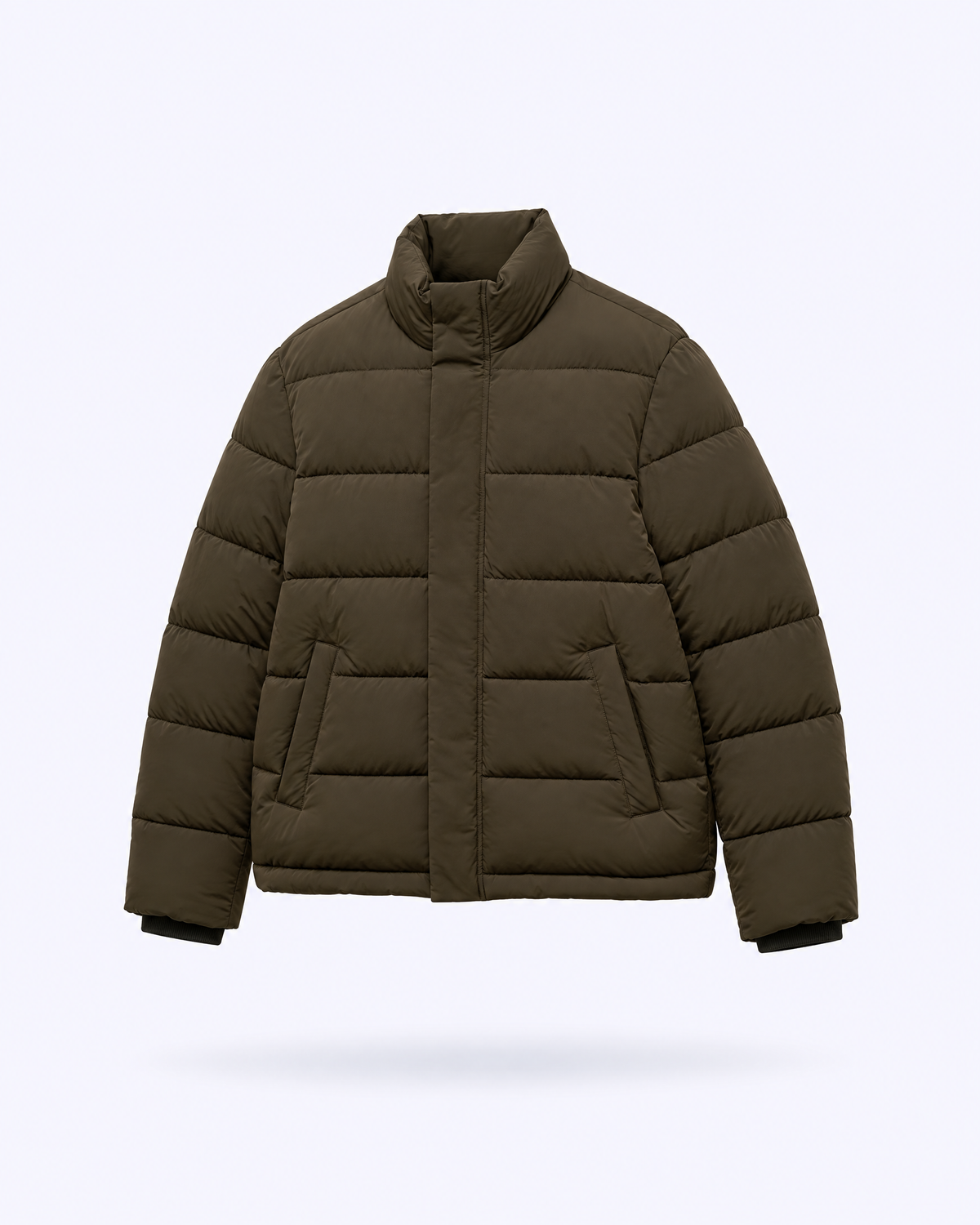 Funnel-Neck Quilted Puffer Jacket in olive