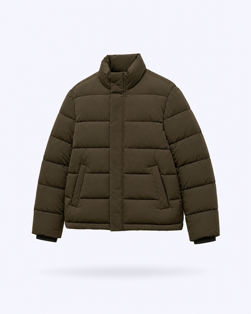Funnel-Neck Quilted Puffer Jacket in olive