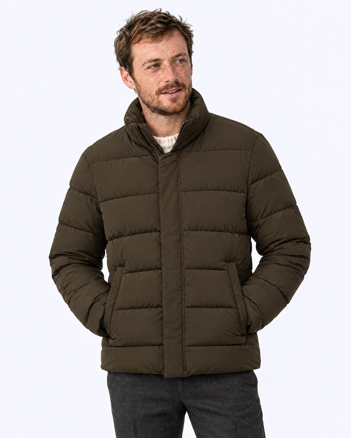 Funnel-Neck Quilted Puffer Jacket in olive