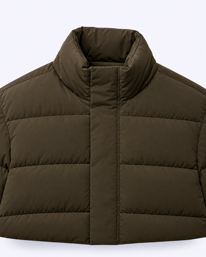 Funnel-Neck Quilted Puffer Jacket in olive