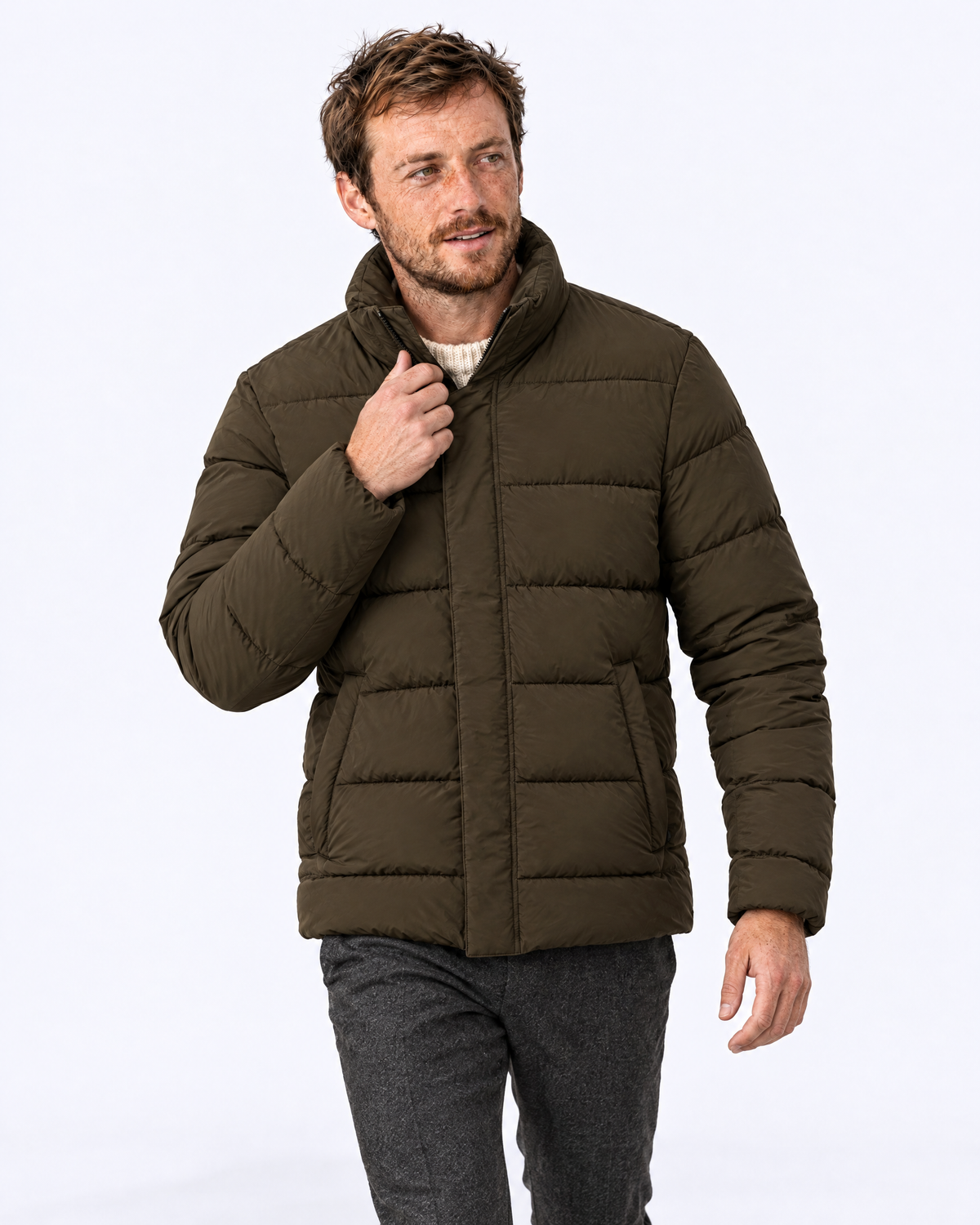 Funnel-Neck Quilted Puffer Jacket in olive