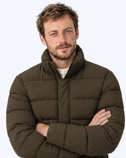 Funnel-Neck Quilted Puffer Jacket in olive